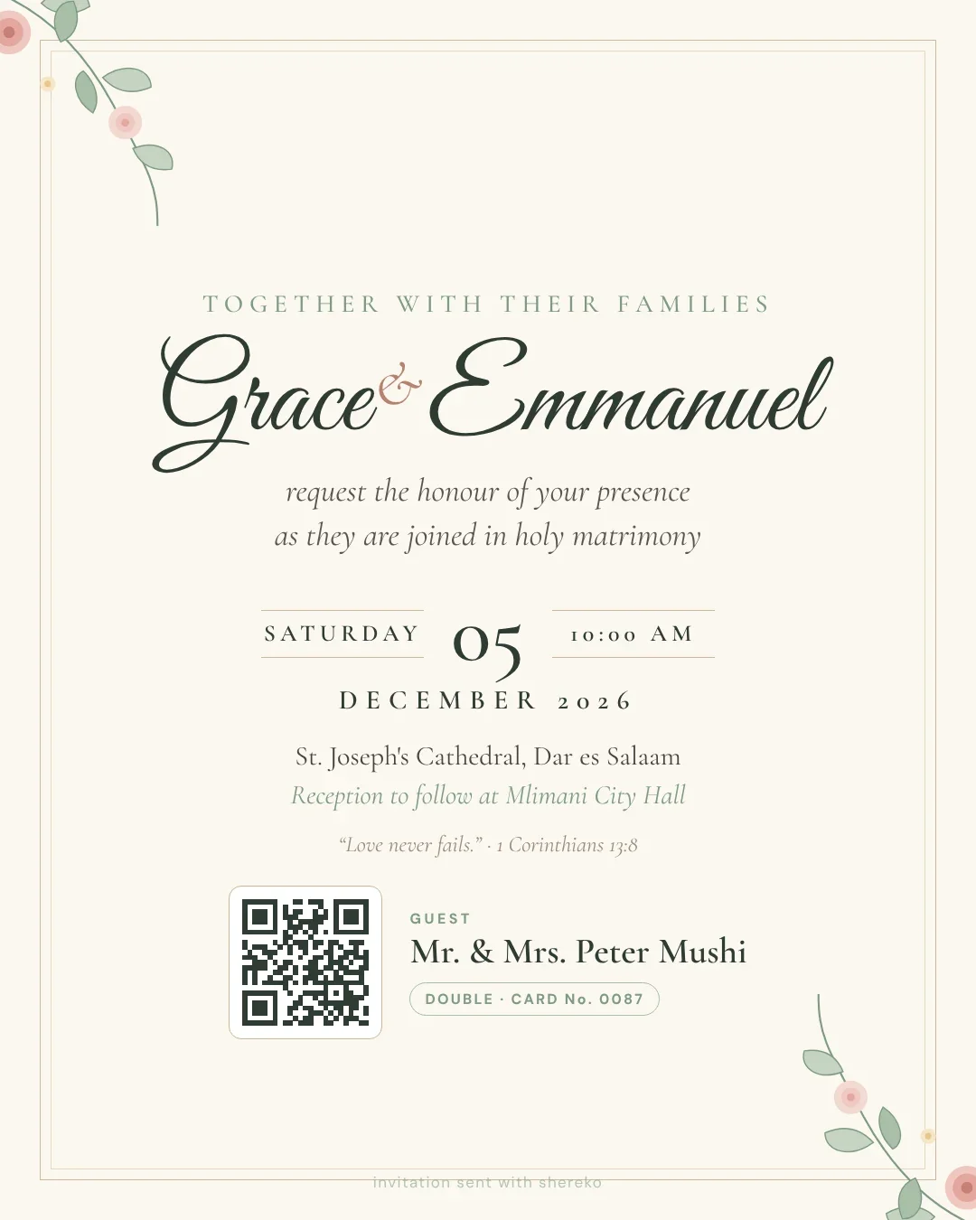 Sample Christian wedding invitation, ivory with florals, guest name and QR code