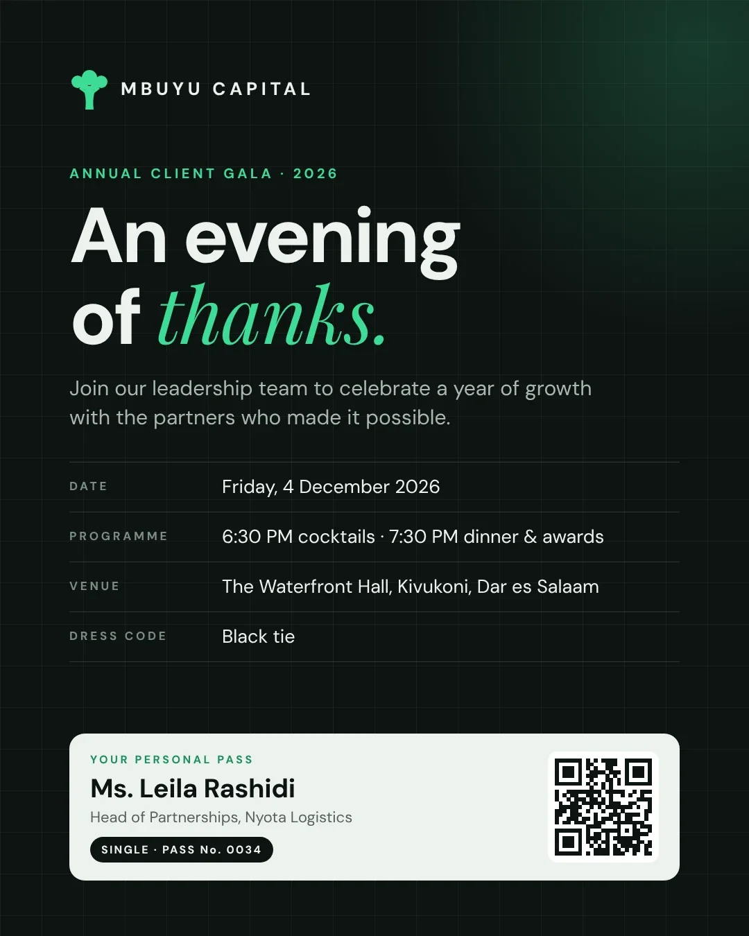 Sample corporate gala pass, dark design with guest name and QR code