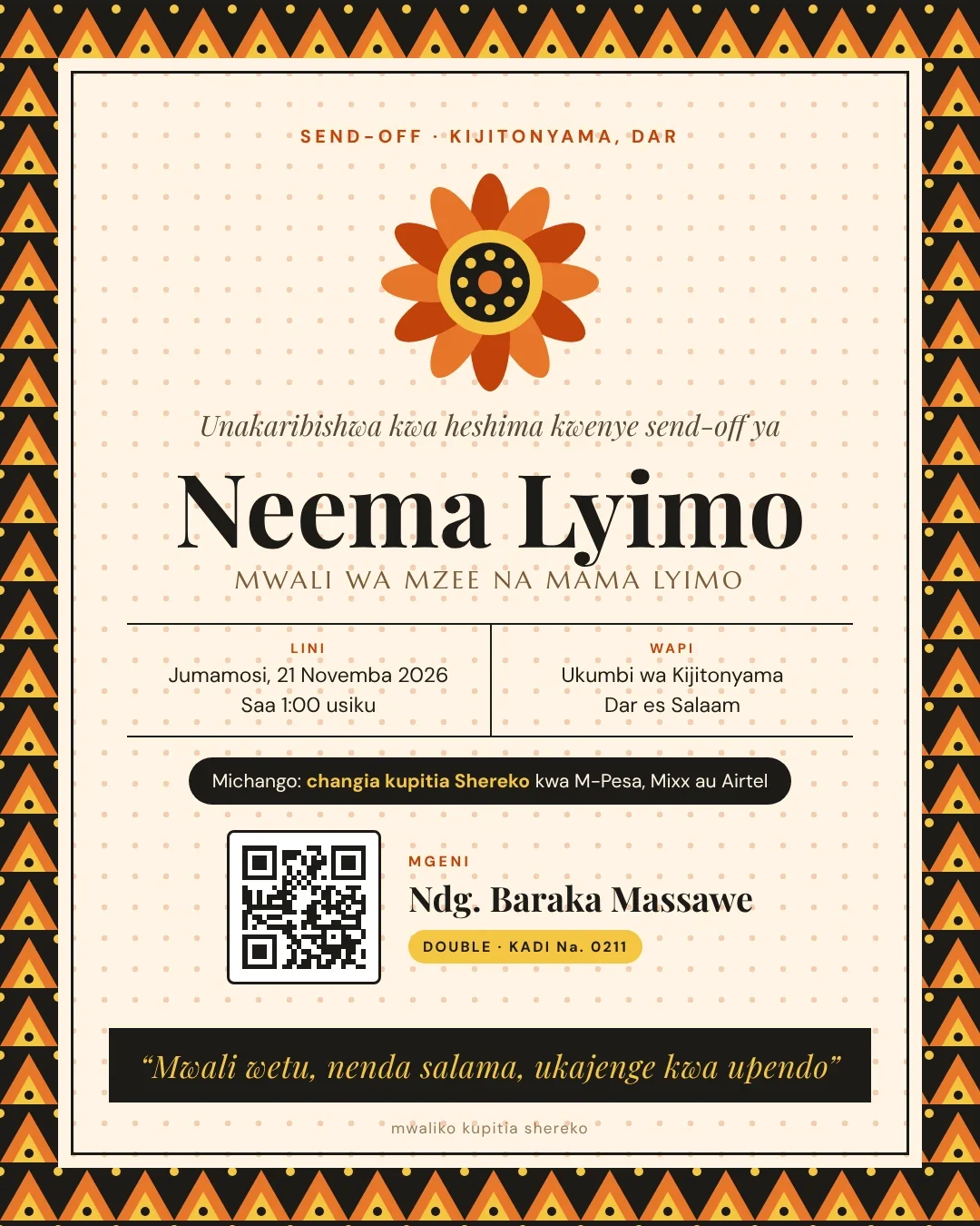 Sample send-off invitation in Swahili, kanga pattern border, michango note and QR code